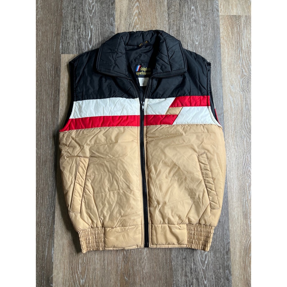 Shipton Sportswear Puffer Vest Mens S Tan Black Red Excellent Vintage Colorblock